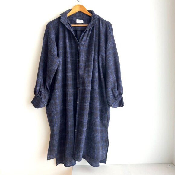 Gallego Desportes Blue Grey Plaid Red Cross Long Shirt Dress M - Picture 1 of 7
